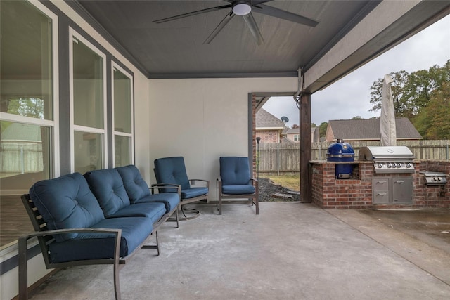 view of patio / terrace featuring outdoor lounge area, area for grilling, ceiling fan, and a grill