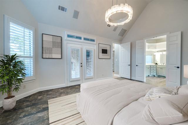 bedroom with french doors, access to outside, hardwood / wood-style flooring, connected bathroom, and high vaulted ceiling