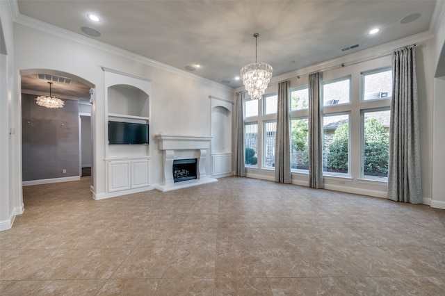 unfurnished living room with an inviting chandelier and ornamental molding