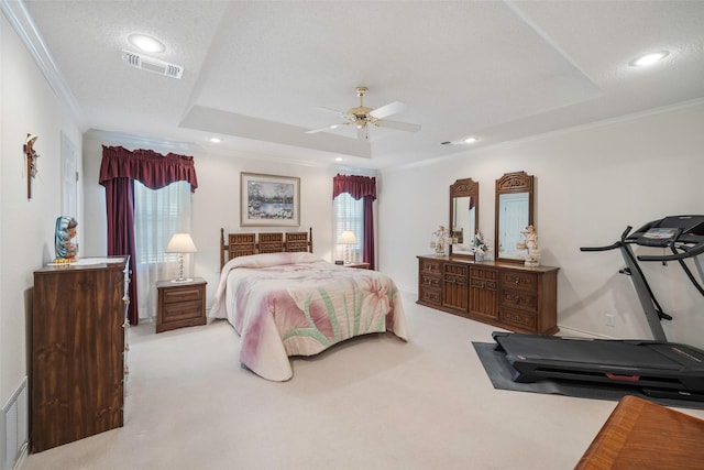 bedroom with a raised ceiling, light carpet, and a textured ceiling