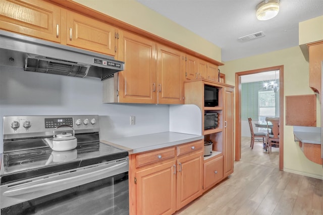 kitchen with stainless steel electric range and light wood-type flooring