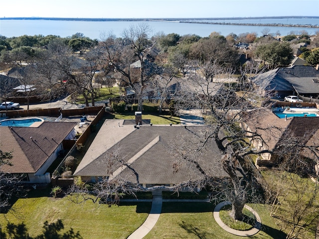 drone / aerial view featuring a water view