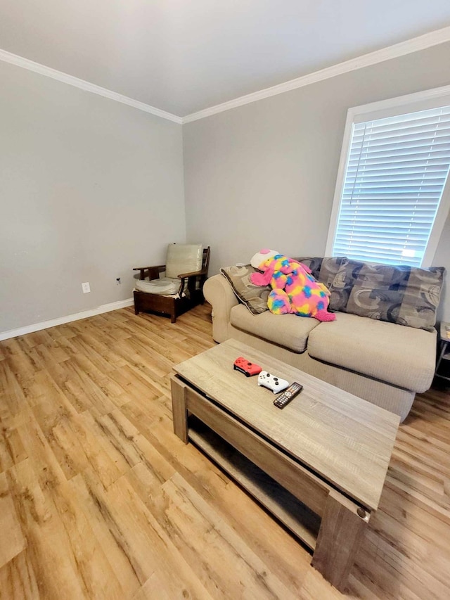 living room featuring crown molding and hardwood / wood-style floors