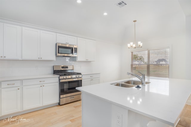 kitchen with appliances with stainless steel finishes, sink, pendant lighting, white cabinets, and a kitchen island with sink