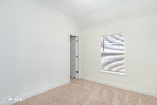 empty room featuring lofted ceiling, light carpet, and ornamental molding