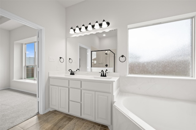 bathroom featuring hardwood / wood-style flooring, vanity, and independent shower and bath