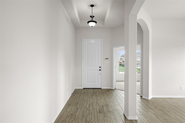 foyer entrance with light hardwood / wood-style flooring and a raised ceiling