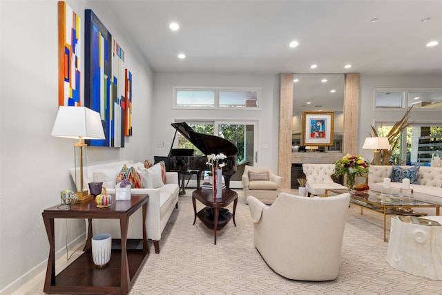 living room with light colored carpet