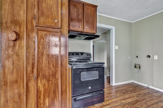 kitchen featuring black / electric stove, a textured ceiling, ornamental molding, and dark hardwood / wood-style flooring