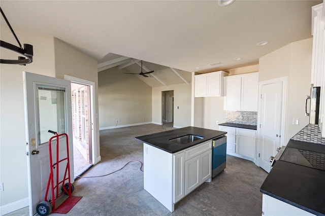 kitchen with a kitchen island, white cabinets, dishwasher, and backsplash