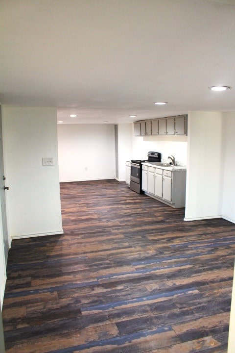 interior space with sink and dark wood-type flooring