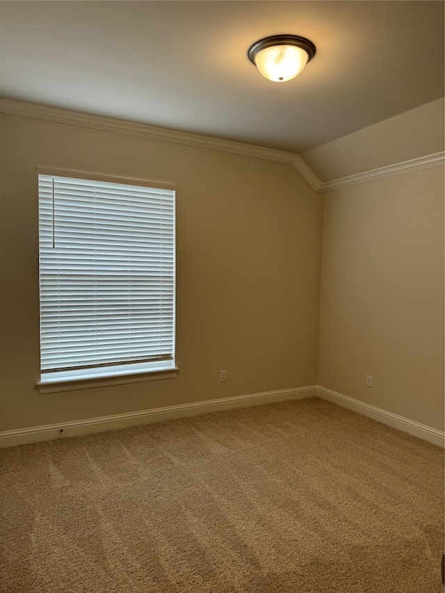 unfurnished room featuring crown molding, carpet, and vaulted ceiling