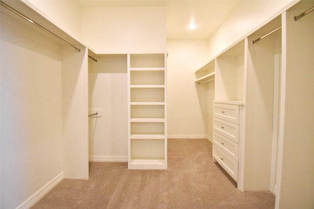 walk in closet with light carpet