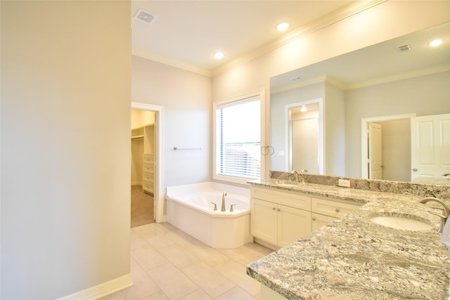 bathroom with ornamental molding, independent shower and bath, tile patterned flooring, and vanity