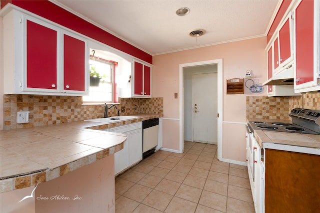 kitchen featuring decorative backsplash, white dishwasher, ornamental molding, sink, and electric range oven