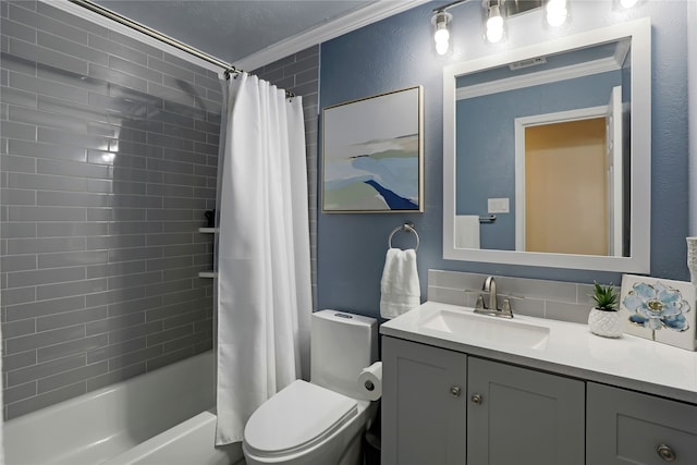 full bathroom with vanity, shower / bath combo, toilet, and ornamental molding