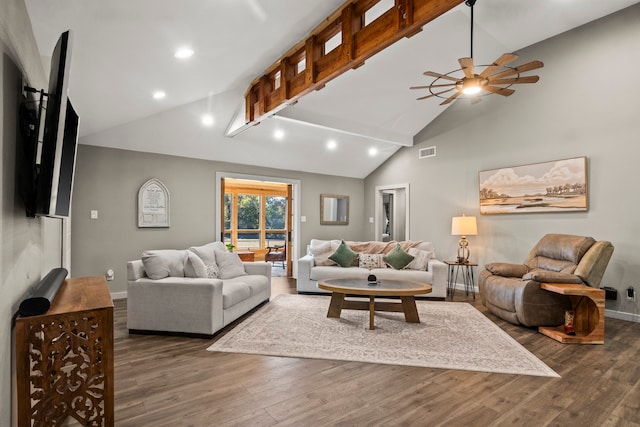 living room with ceiling fan, high vaulted ceiling, and dark hardwood / wood-style flooring