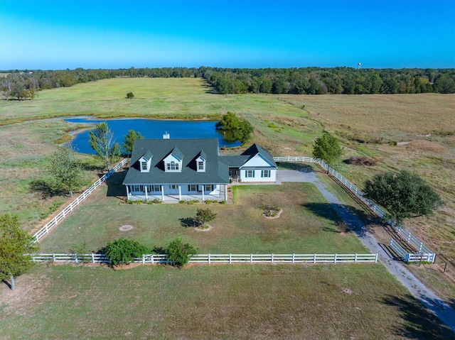 aerial view featuring a water view and a rural view