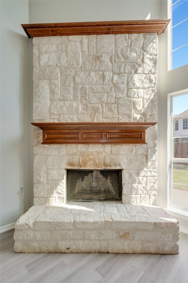 room details featuring a fireplace and wood-type flooring