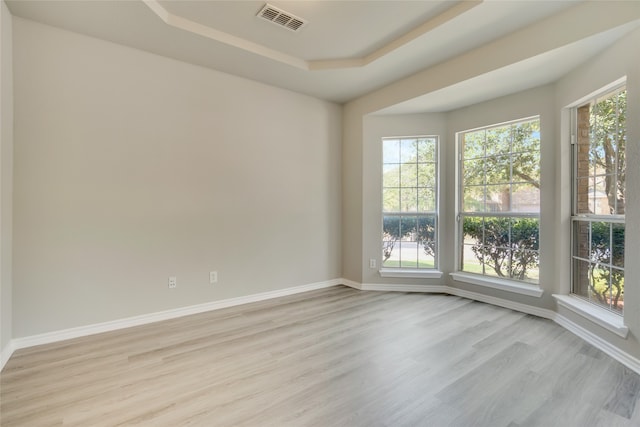 empty room featuring a tray ceiling and light hardwood / wood-style flooring