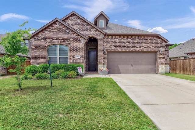 view of front of home featuring a front yard and a garage