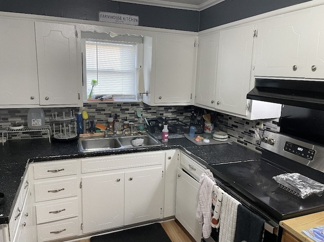 kitchen with stainless steel electric range, backsplash, white cabinetry, sink, and ventilation hood