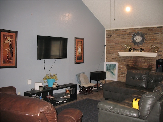 living room featuring high vaulted ceiling, wood-type flooring, and a brick fireplace