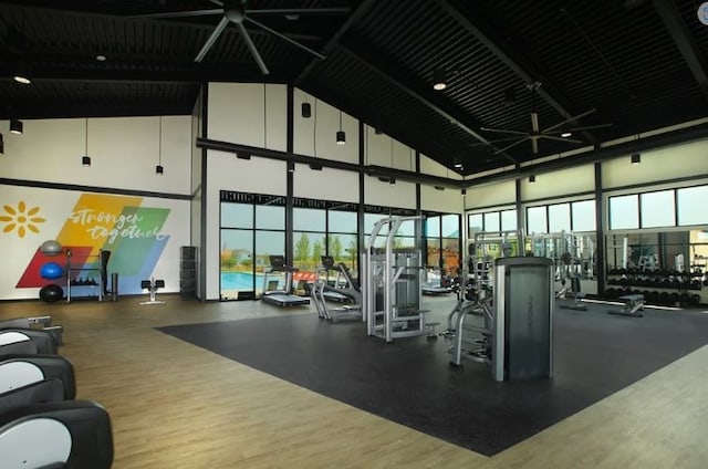 workout area with high vaulted ceiling and wood-type flooring