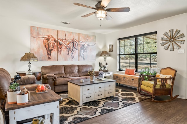 living area with ceiling fan, dark wood-style flooring, and visible vents