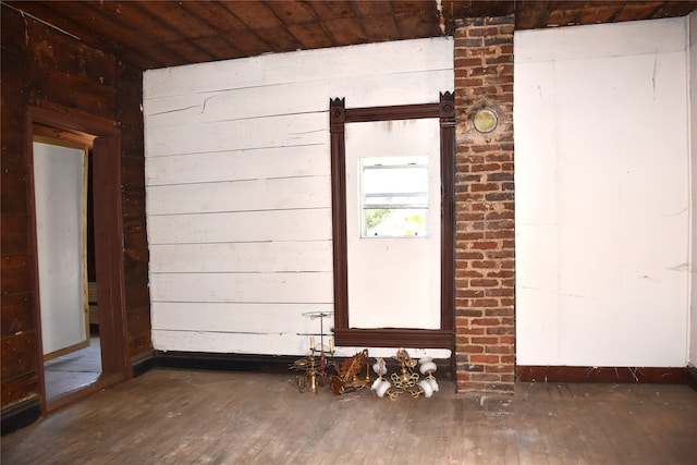 unfurnished room featuring wood ceiling, wood walls, and dark hardwood / wood-style floors