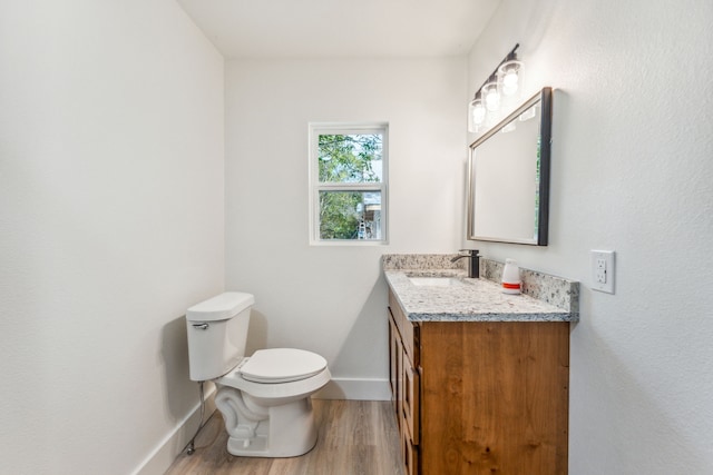 bathroom with hardwood / wood-style floors, vanity, and toilet