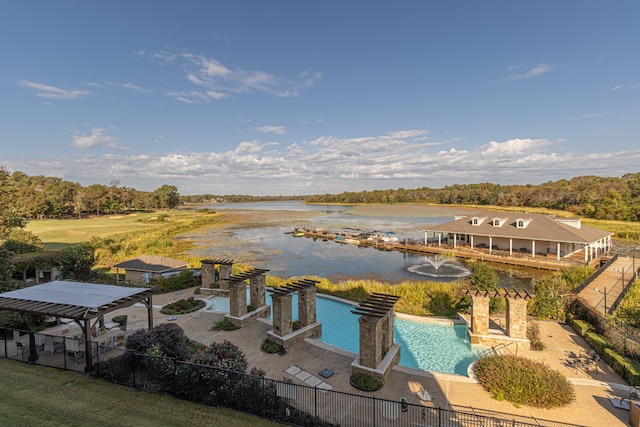 view of pool featuring a water view and a patio