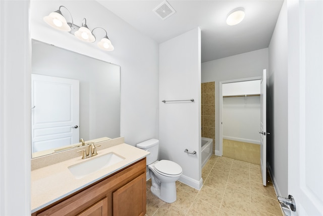 full bathroom featuring shower / washtub combination, tile patterned flooring, vanity, and toilet