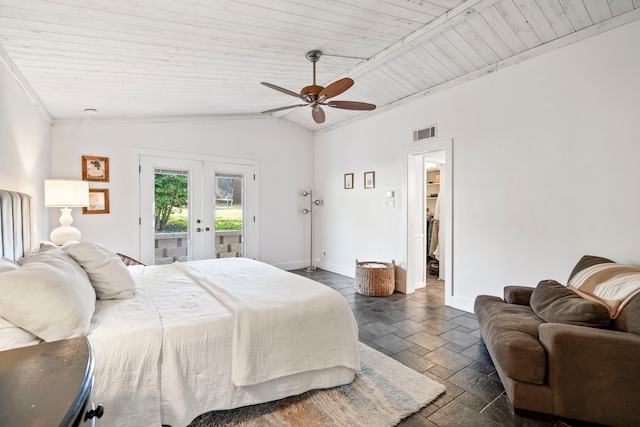 bedroom featuring ceiling fan, access to exterior, wooden ceiling, vaulted ceiling, and french doors