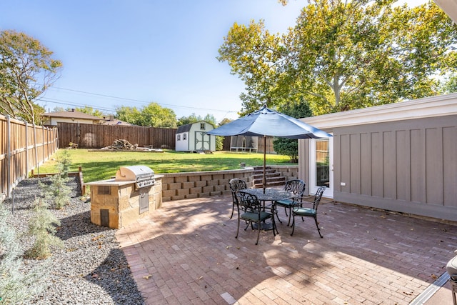 view of patio / terrace with a storage unit and a grill