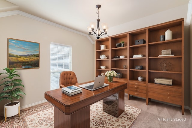 home office featuring crown molding, vaulted ceiling, a chandelier, and light colored carpet