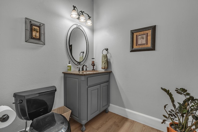 bathroom with vanity, toilet, and wood-type flooring