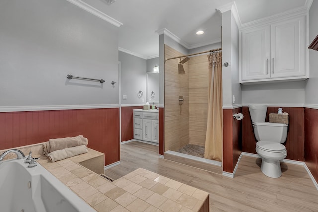 full bathroom with wood-type flooring, plus walk in shower, toilet, vanity, and crown molding