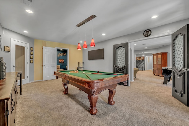 playroom featuring pool table and light colored carpet