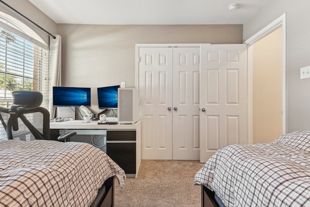 bedroom with a closet and light colored carpet