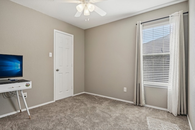 unfurnished bedroom with light carpet and ceiling fan