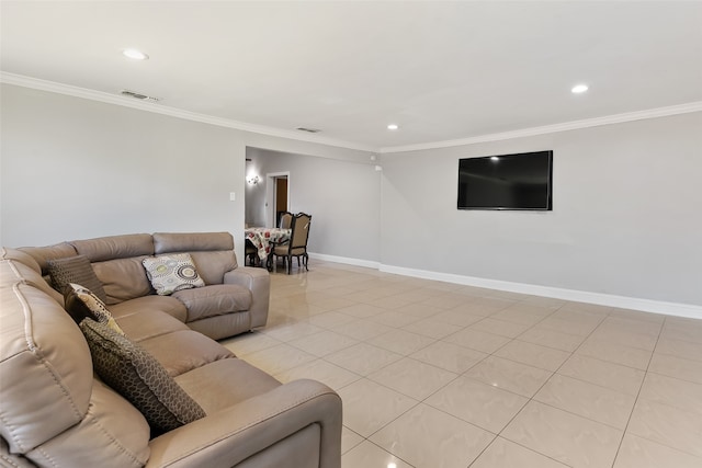 tiled living room featuring crown molding