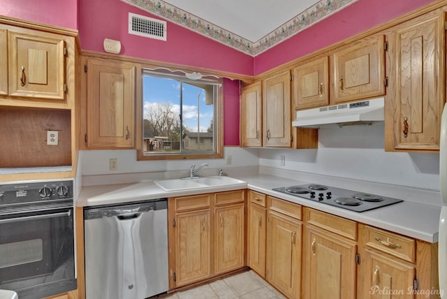 kitchen featuring oven, sink, dishwasher, white electric stovetop, and light tile patterned floors