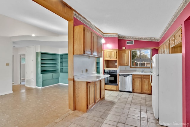 kitchen featuring oven, sink, white refrigerator, stainless steel dishwasher, and high vaulted ceiling