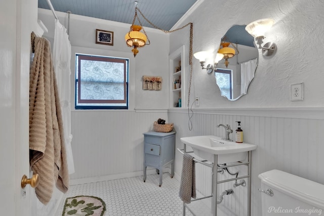 bathroom featuring built in features, a shower with shower curtain, toilet, wooden walls, and vanity