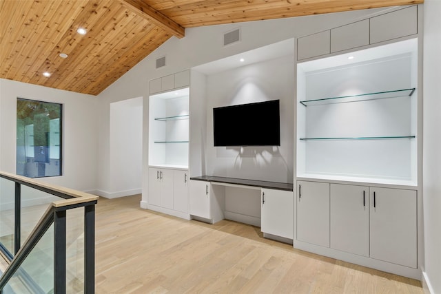 unfurnished living room featuring wood ceiling, built in shelves, lofted ceiling with beams, and light hardwood / wood-style floors