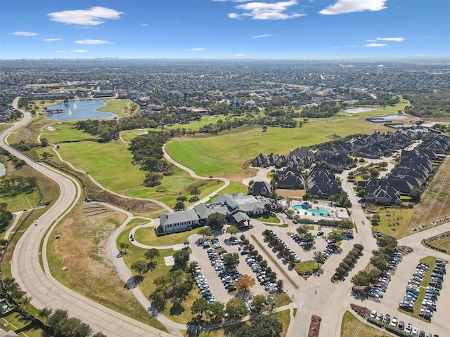 bird's eye view featuring a residential view, a water view, and golf course view