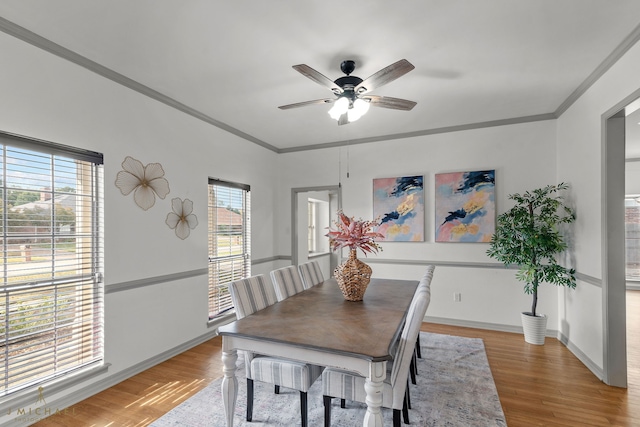 dining area with light hardwood / wood-style flooring, ornamental molding, and a healthy amount of sunlight