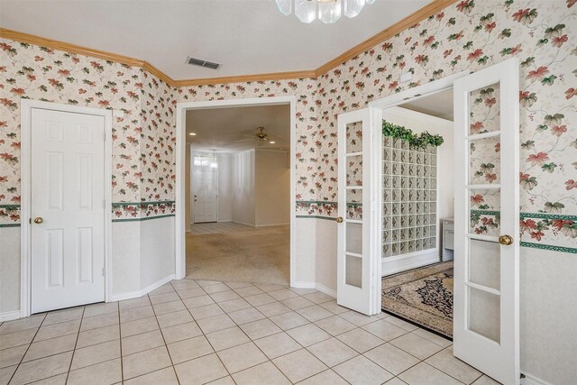 office with crown molding and ceiling fan