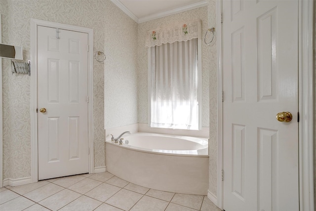 bathroom with ornamental molding, a bathtub, and tile patterned flooring